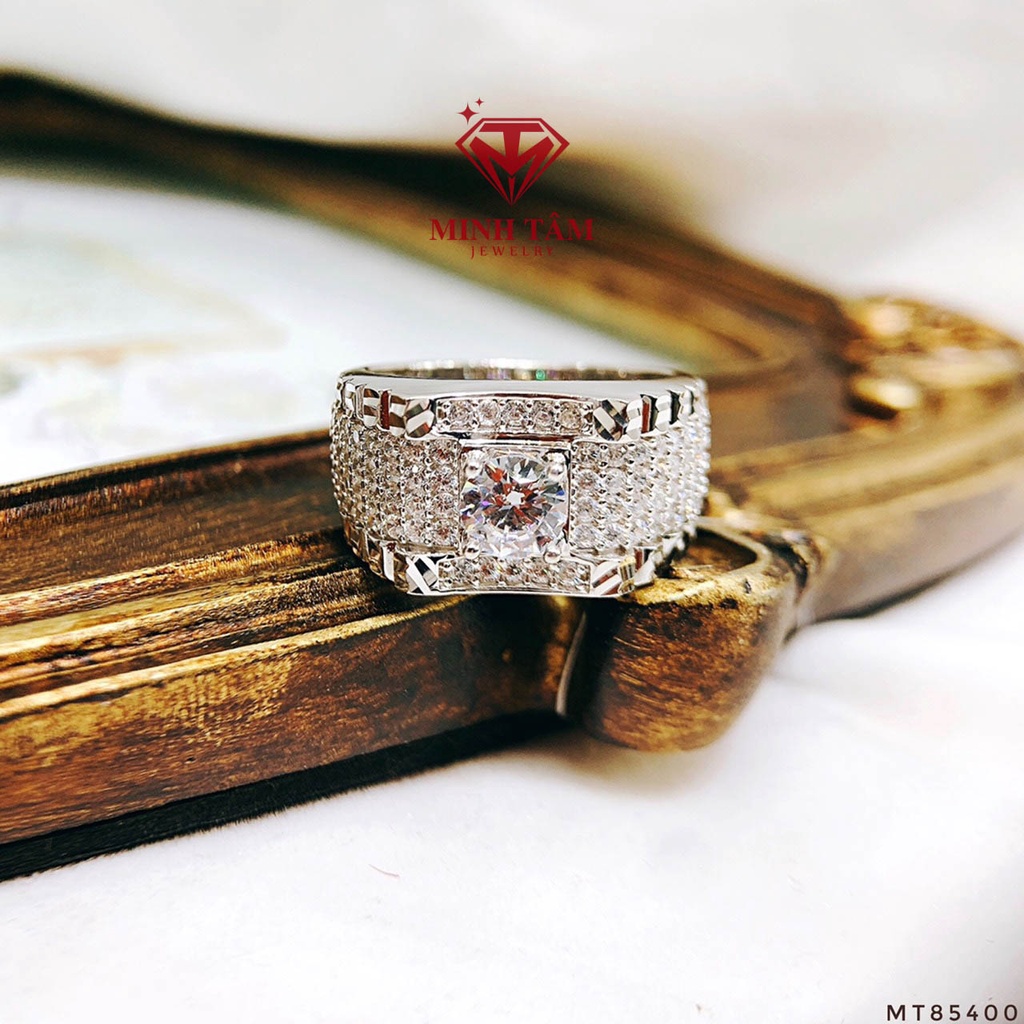 Nhẫn nam bạc xi kim bạc 950 đính đá viền xung quanh đá chủ 5 ly Minh Tâm Jewelry