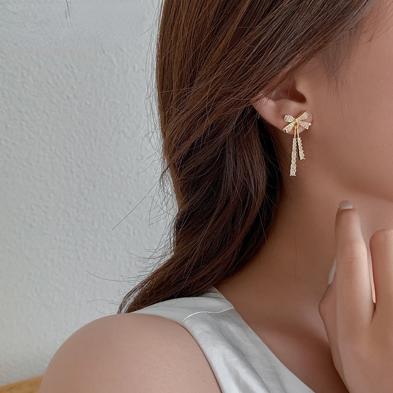 Bông Tai Mạ Bạc 925 Hình Nơ Tua Rua Đính Đá Thời Trang Hàn Quốc Cho Nữ