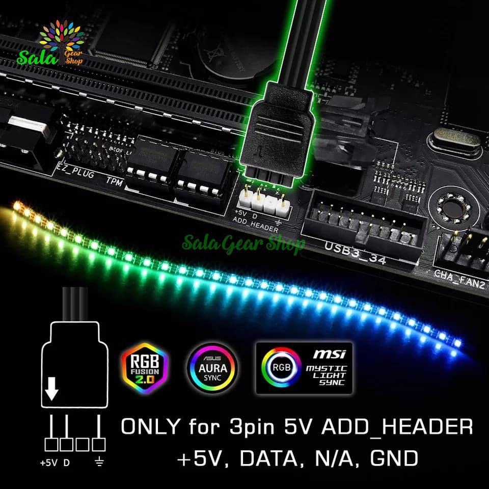 Dây Led 5v 3pin RGB rainbow đồng bộ Asus Aura, RGB Fusion, MSI Mystic Light, Asrock RGB