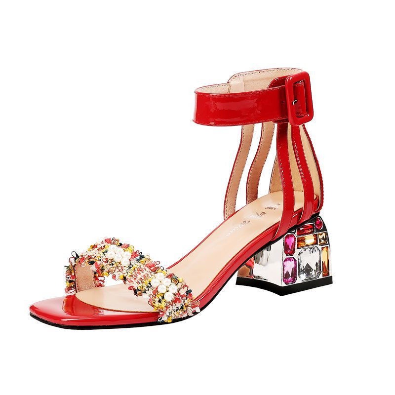 Women's long heel sandals 2022 summer new rhinestone buckle women's shoes thick heel soft leather women's shoes SgMd