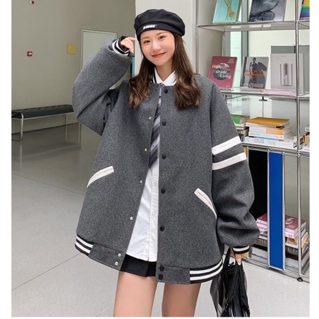 Áo Khoác Nỉ Bomber Cúc Dọc Xám Sọc Trắng Nam Nữ Unisex Ulzzang - Hàng nhập khẩu