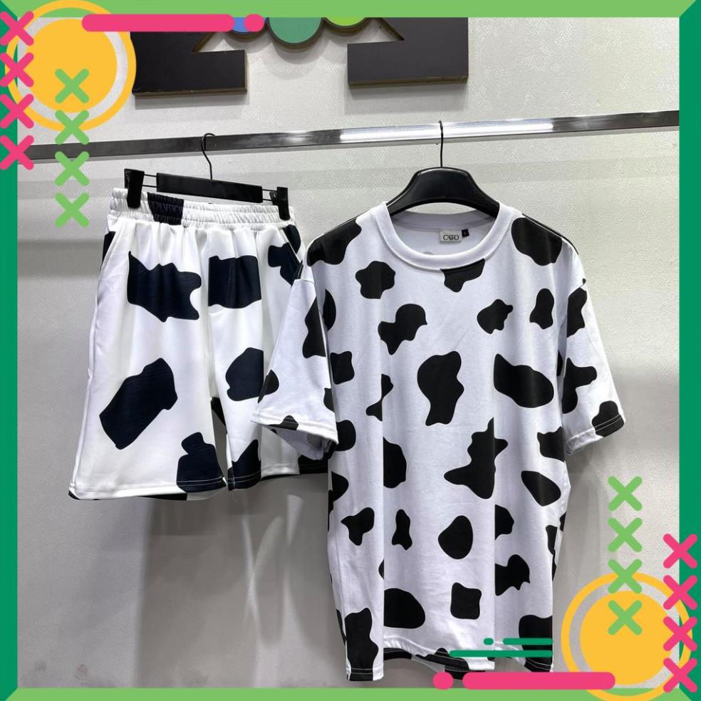 Áo thun quần áo nam nữ SHOP bò sữa Set bộ Áo thun tay lỡ BÒ vải cotton full tag tem logo