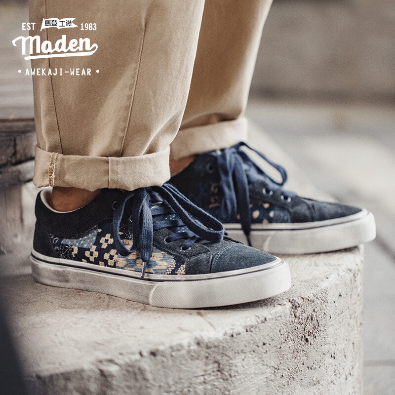 Giày thể thao MADEN vải canvas cổ thấp in họa tiết hoa phong cách retro Nhật Bản