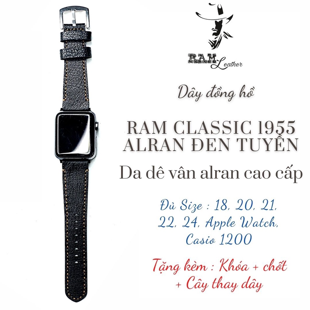 Dây đồng hồ RAM Leather vintage 1955 da dê đen tuyền vân alran tự nhiên