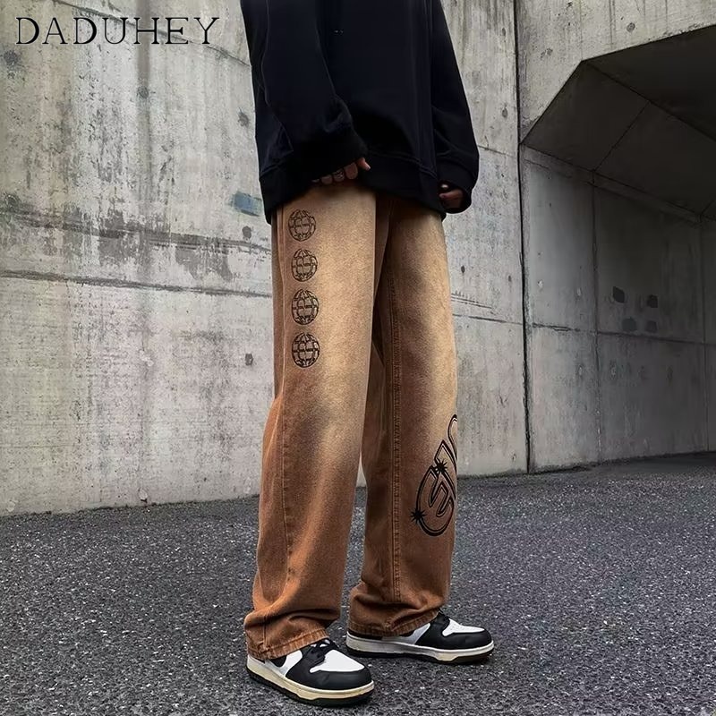 DaDuHey Men's Autumn American Gradient Loose Wide Leg Jeans Ins High Street Fashion Brand Straight Casual Pants