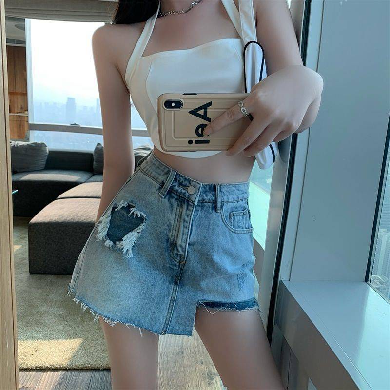 Chân váy denim chữ A cạp cao thiết kế rách thời trang mùa hè 2022 cho nữ 8pBD