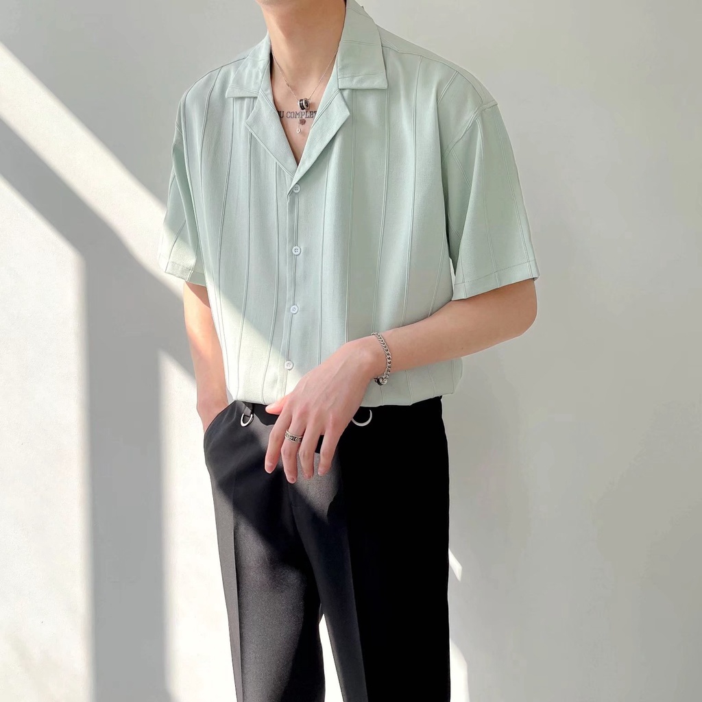 Áo Sơ Mi Lụa Tay Ngắn Dáng Rộng Phong Cách Nhật Bản Thời Trang Cho Nam