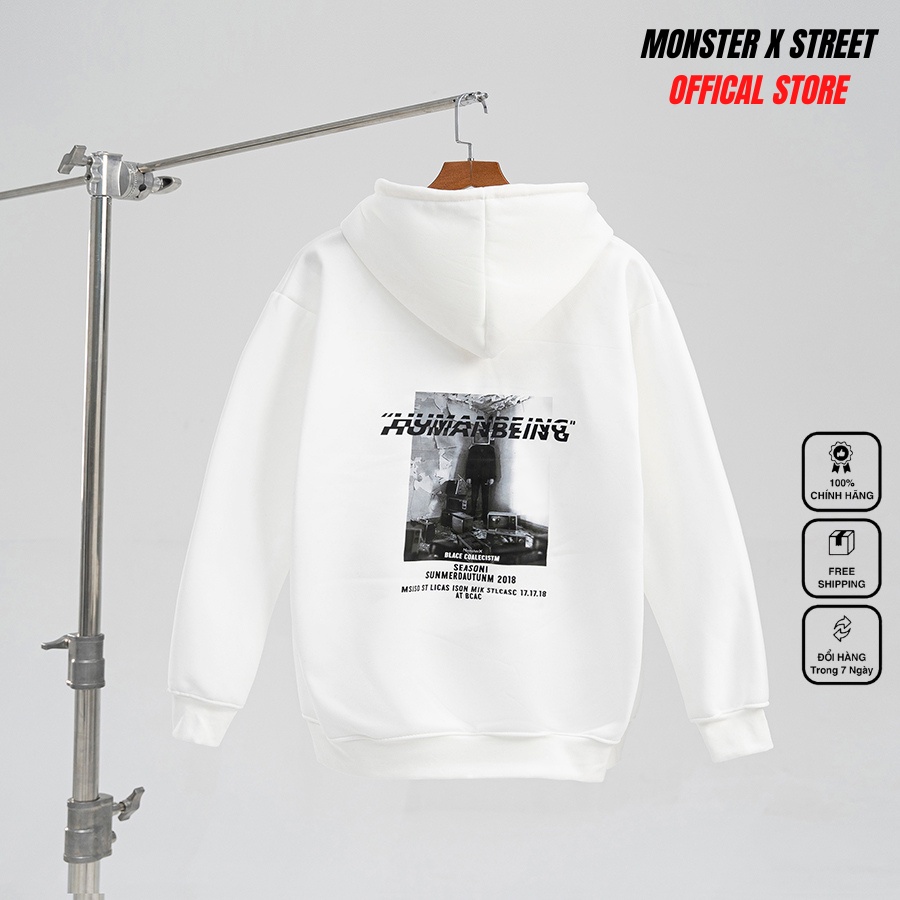 Áo hoodie nỉ bông Monster X Street Human White nam nữ form rộng thu đông Local Brand