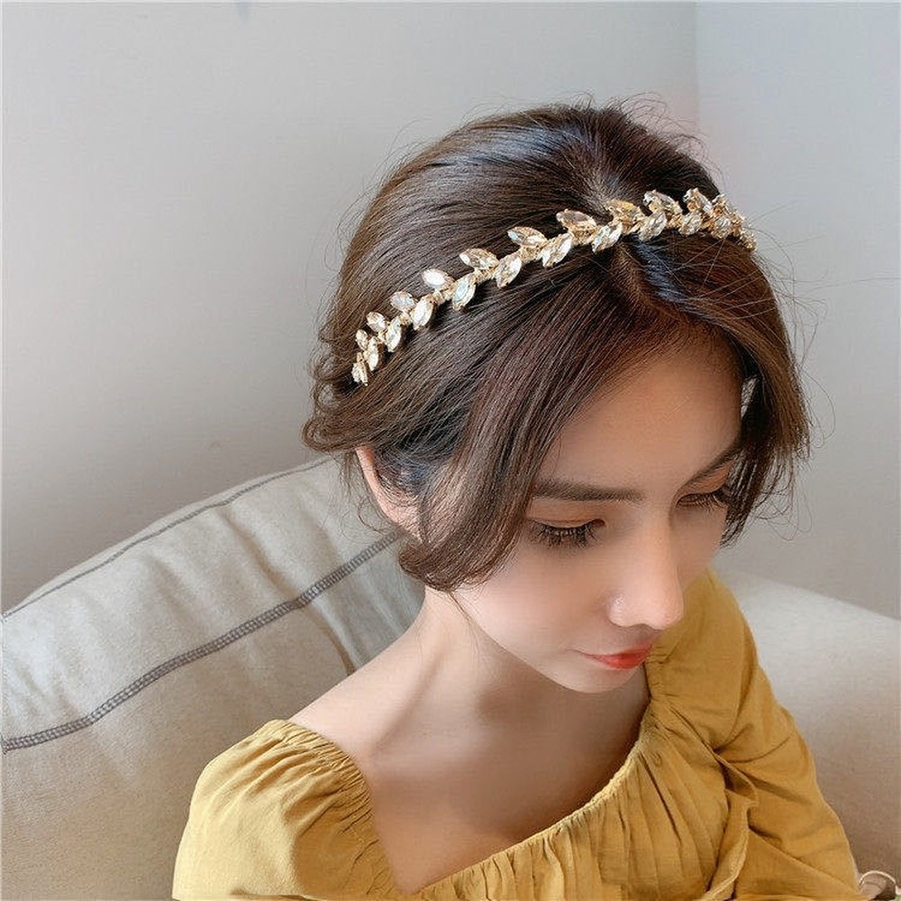 Băng Đô Cài Tóc Hình Lá Ô Liu Đính Kim Cương Pha Lê Thanh Lịch Thời Trang Phổ