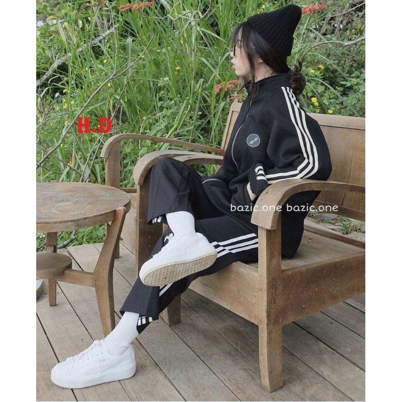 bộ nỉ nam nữ áo khoác 3 sọc logo tròn mix quần 3 sọc đen ống rộng unisex freesize