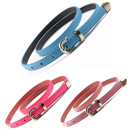 Women All Match Fashion Skinny Waist Belt Faux Leather Buckle Narrow Waistband