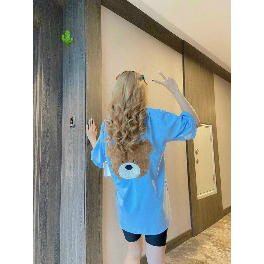 áo sơ mi tay ngắn thêu lông gấu sau lưng xinh chất kate mềm p