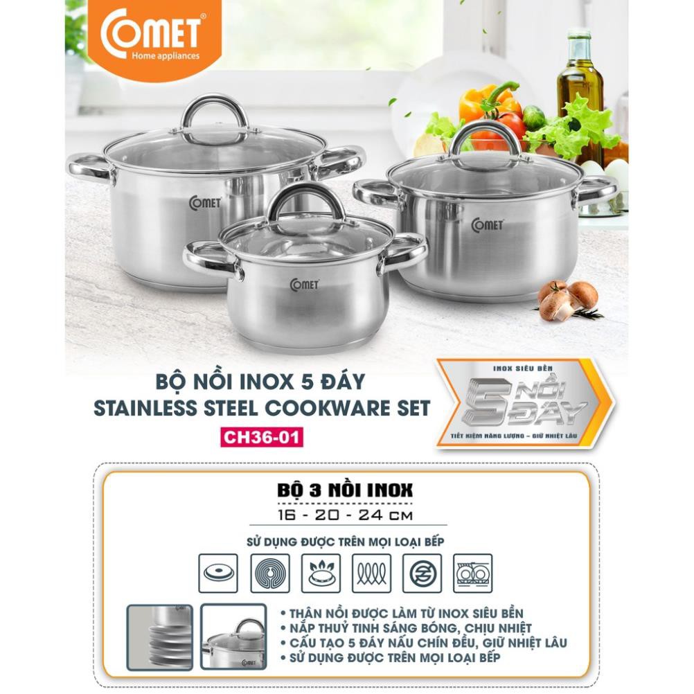 Bộ 03 nồi inox 5 đáy COMET - CH36-01. Nồi bếp từ