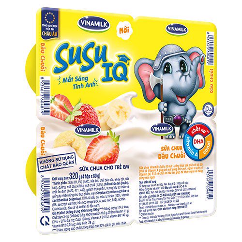 SỮA CHUA ĂN SUSU IQ LOẠI HƯƠNG DÂU CHUỐI - VỈ 4 HỘP X 80G