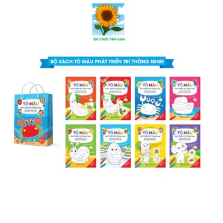 Bộ 8 c.uốn tô màu phiên bản mới b.ìa xanh song ngữ phát triển tư duy cho bé