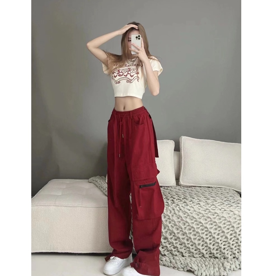 Ethelgirl Quần Dài Lưng Cao Màu Đỏ Phong Cách Đường Phố Mỹ Thời Trang Cho Nữ