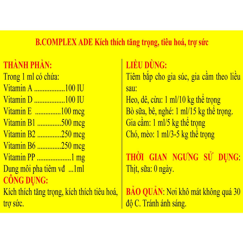 1 lọ ADE B.COMPLEX 20ml Chuyên dùng cho gia súc, gia cầm, chó, mèo, chim cảnh