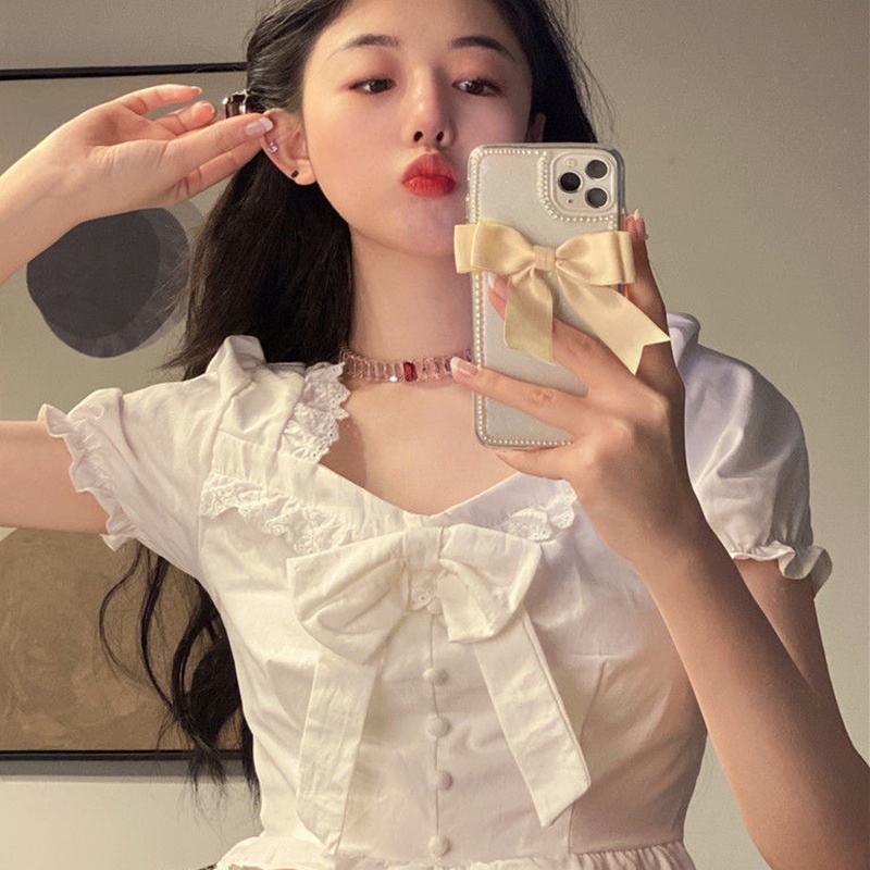 IELGY Áo Sơ Mi Trắng Tay Ngắn Phồng Cổ Vuông Phong Cách Pháp Thời Trang Mùa Hè Cho Nữ