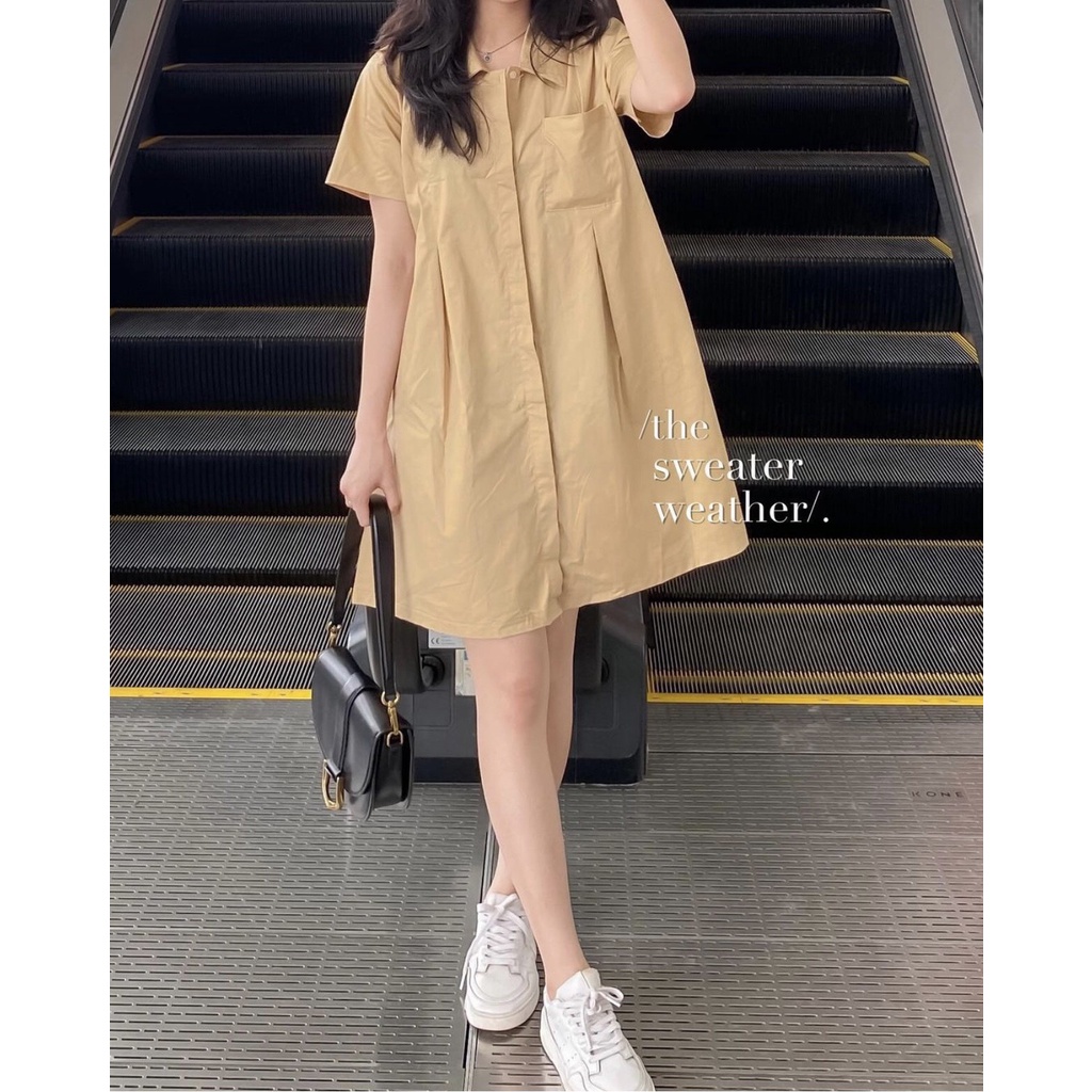 [Ảnh thật/Sẵn] Đầm - Váy sơ mi túi ngực xếp li eo dáng chữ A