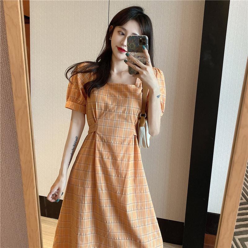 Đầm Dáng Chữ A Cổ Vuông Tay Ngắn Kẻ Sọc Caro Thời Trang Cho Phụ Nữ