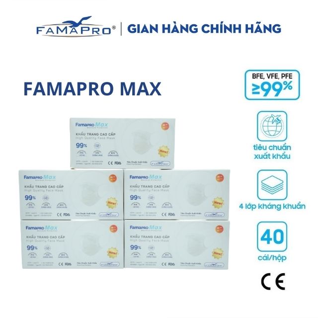 [MAX TRẮNG COMBO 5 HỘP 40 CÁI] Khẩu trang y tế cao cấp kháng khuẩn 4 lớp Famapro max