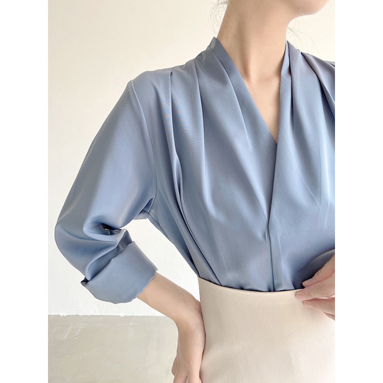 Hàng Châu Âu Cao Cấp Nữ Áo Sơ Mi Voan Xanh Nữ Xuân Thu Thiết Kế Cổ Chữ V Chuyên Nghiệp Áo