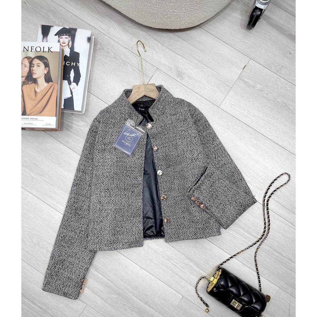 Áo dạ muối tiêu cổ tròn cúc ngọc cao cấp áo tweed nữ thu đông TL140