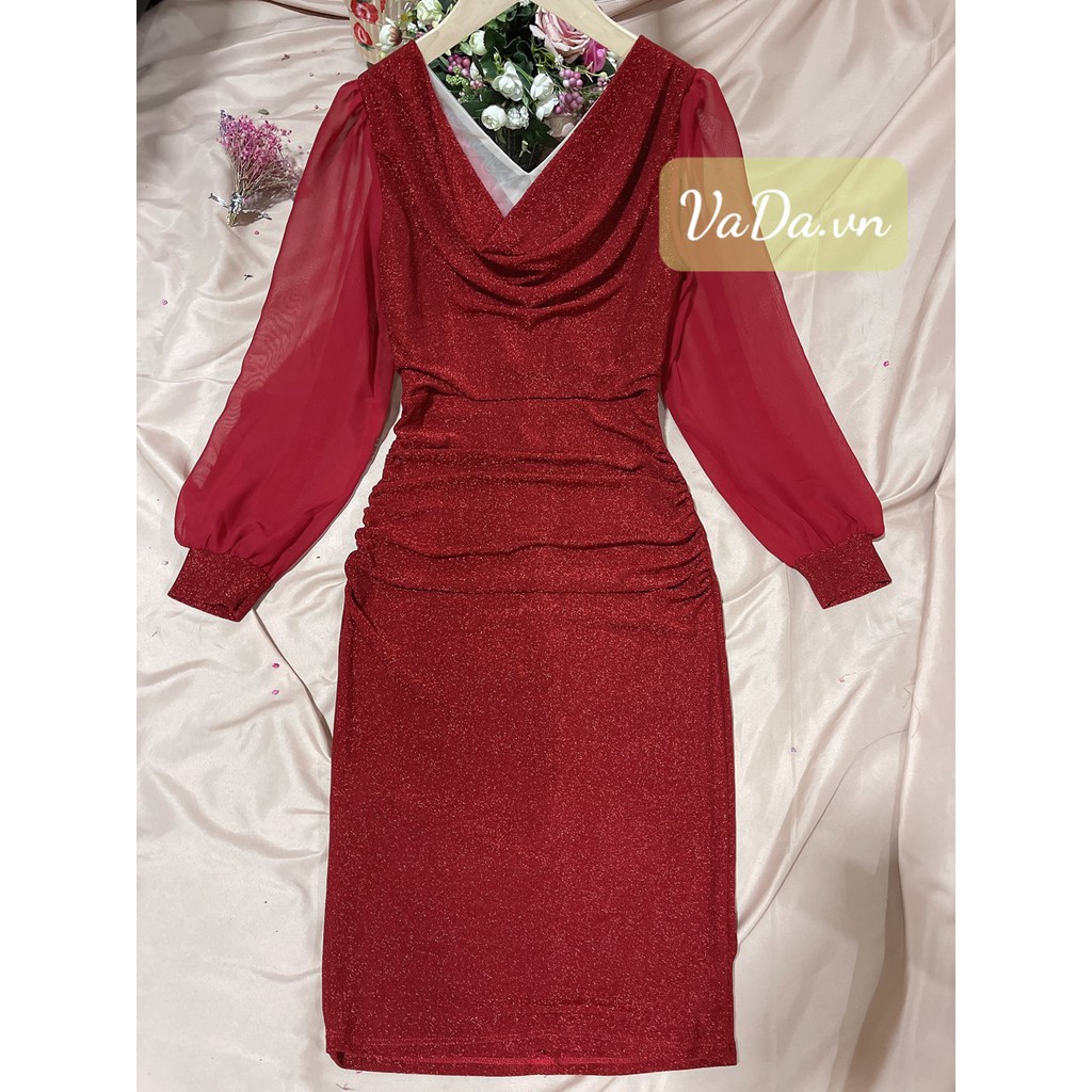 Đầm body tay dài cổ V cách điệu chất thun kim tuyến cáo cấp co giãn tốt - Thời trang VADA - VB65 | BigBuy360 - bigbuy360.vn