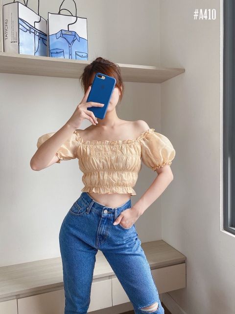 Áo Croptop Nhún Ánh Kim Bẹt Vai Tay Bồng