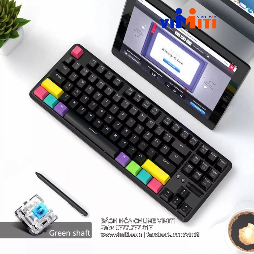 Bàn phím cơ wireless điều khiển 3 thiết bị, Bàn phím cơ blue swtich Ajazz K870T- 87 Phím