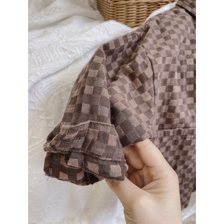 Áo Sơ Mi Caro Chất Liệu Cotton Mềm Mại Phong Cách Retro Hàn Quốc Cho Bé Trai