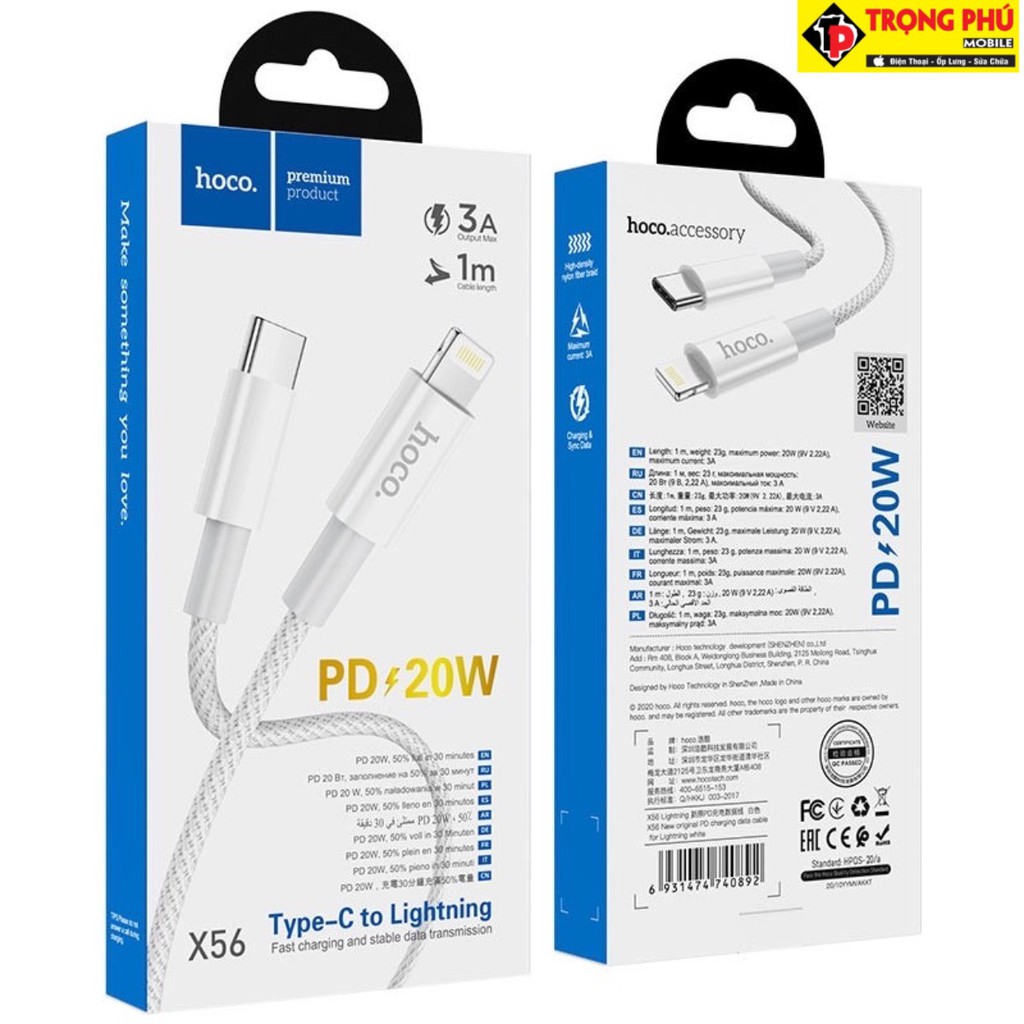 Cáp sạc nhanh HOCO X56 20W chống gãy, chống đứt cho ip dài 1m