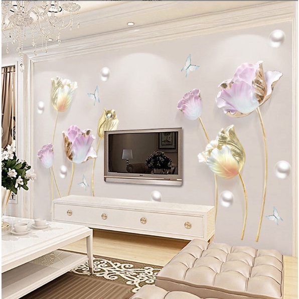Decal trang trí tường - Hoa hồng ánh vàng và những hạt châu