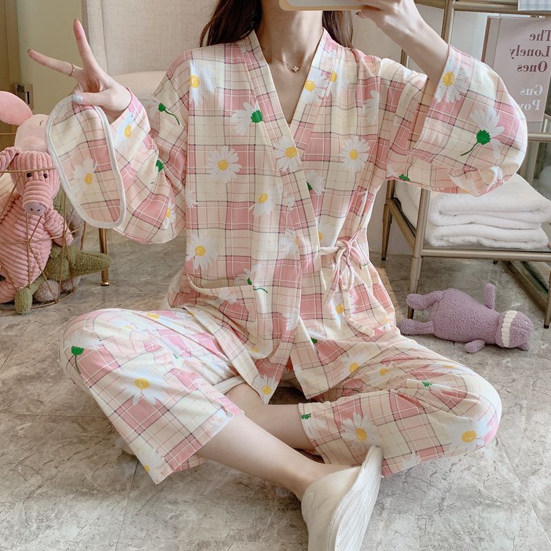 Bộ Pijama cài chéo dài tay kiểu dáng kimono, Bộ ngủ nữ mặc nhà phong cách nhật bản siêu dễ thương DN08