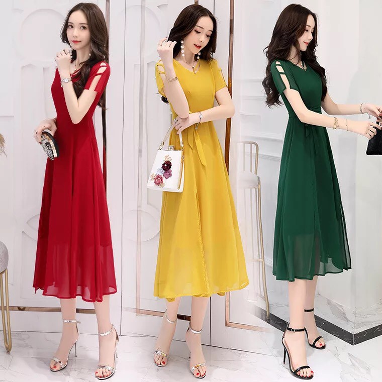 Đầm form dài voan chiffon xẻ đùi LANA Fashion MS307 đi chơi, dự tiệc / Có 6 màu | BigBuy360 - bigbuy360.vn