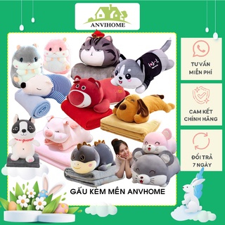 Bộ chăn gối văn phòng gấu bông có chăn hình Chó Husky, Mèo, Heo, chuột, hoa quả trái cây, rùa, Pony Anvihome