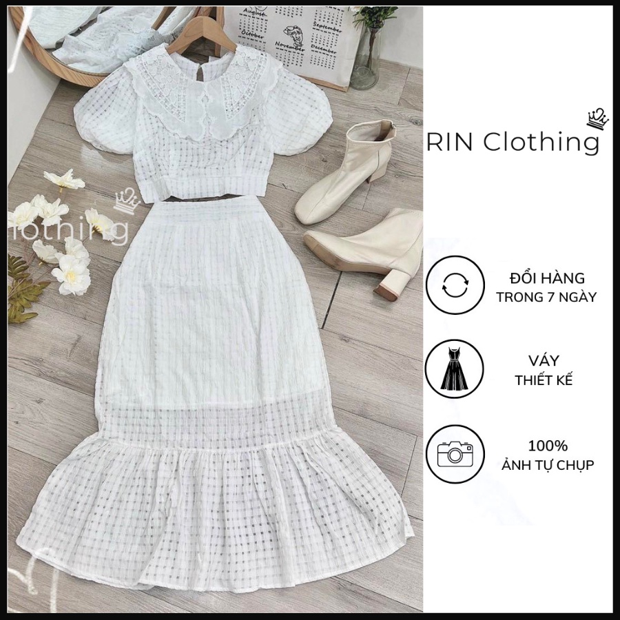 Set Bộ Nữ Sang Chảnh - Váy Thiết Kế RIN Clothing - Set Chân Váy Đuôi Cá Mix Áo Croptop Tay Bồng Nhún Eo Tiểu Thư