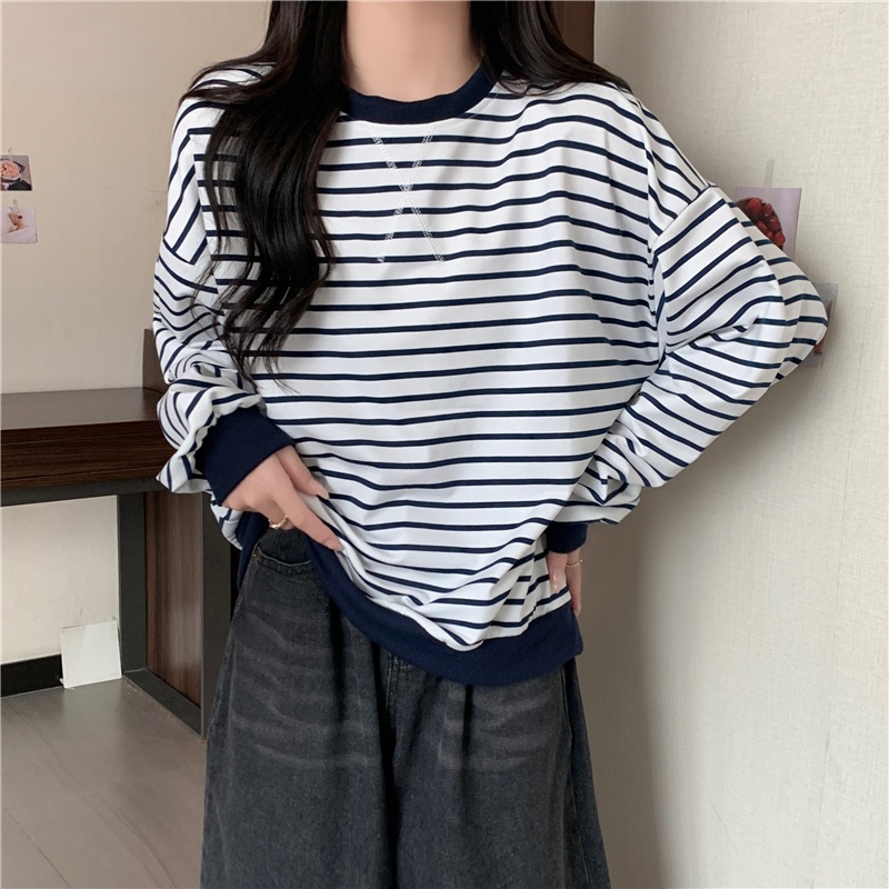 Áo Thun Lửng Dài Tay Cổ Tròn Sọc Ngang Thời Trang Mùa Thu Hàn Quốc Mới