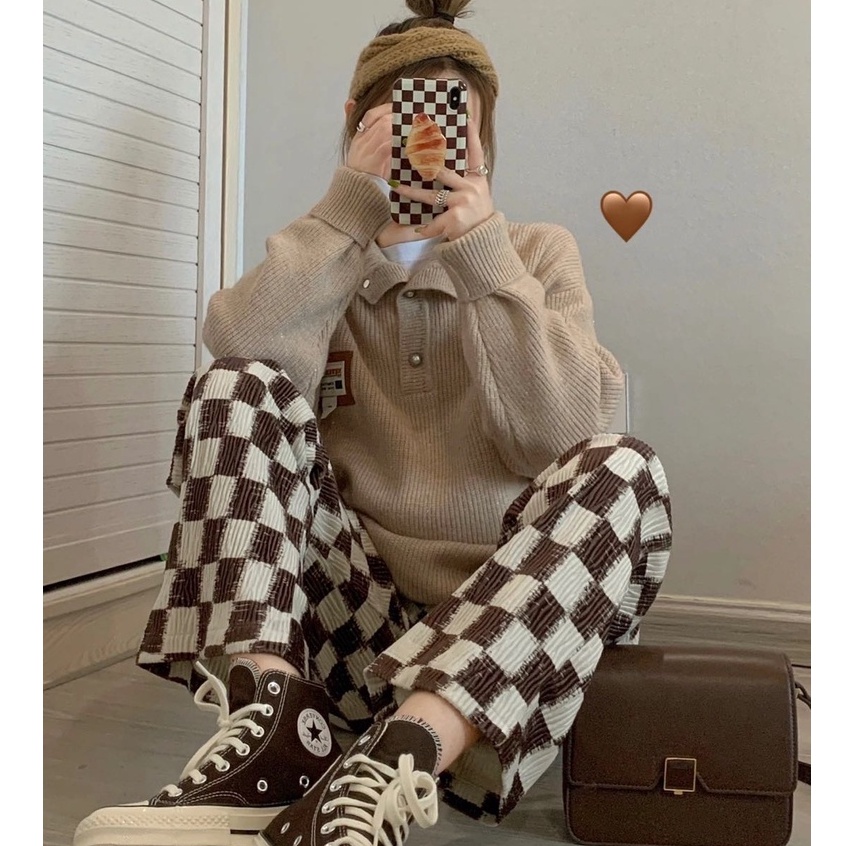 Quần lưng cao dáng rộng họa tiết kẻ sọc caro thời trang trẻ trung