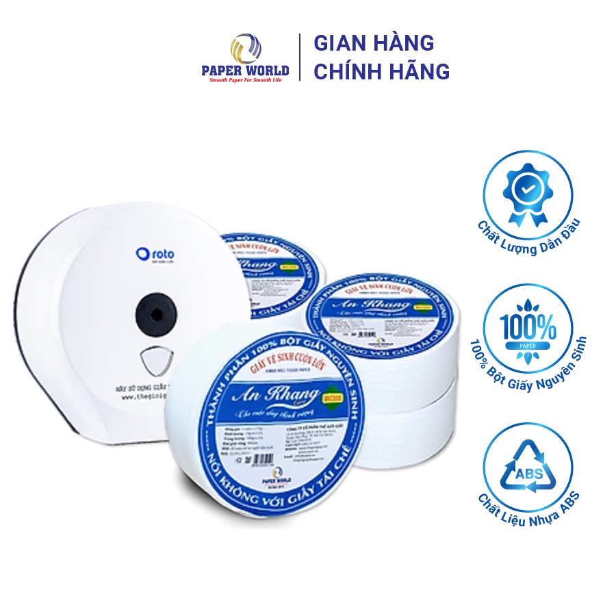 [Combo] 5 cuộn giấy vệ sinh cuộn lớn An Khang 5AKC500 +  1Hộp đựng giấy vệ sinh cuộn lớn ROTO RT3203A