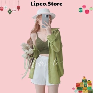 Set 3 món ( áo bra+ sơ mi xanh bơ+ quần short trắng )