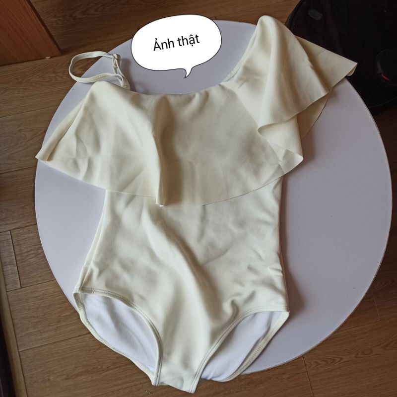 Bikini đi biển, đồ bơi nữ tay bèo 1 mảnh liền thân tôn dáng xòe màu kem Nemo Bikini - B10