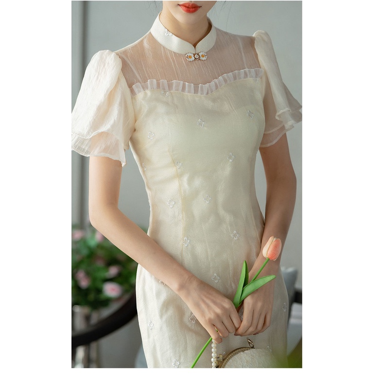 Đầm Sườn Xám Họa Tiết Thêu Phong Cách Retro Pháp Cho Nữ