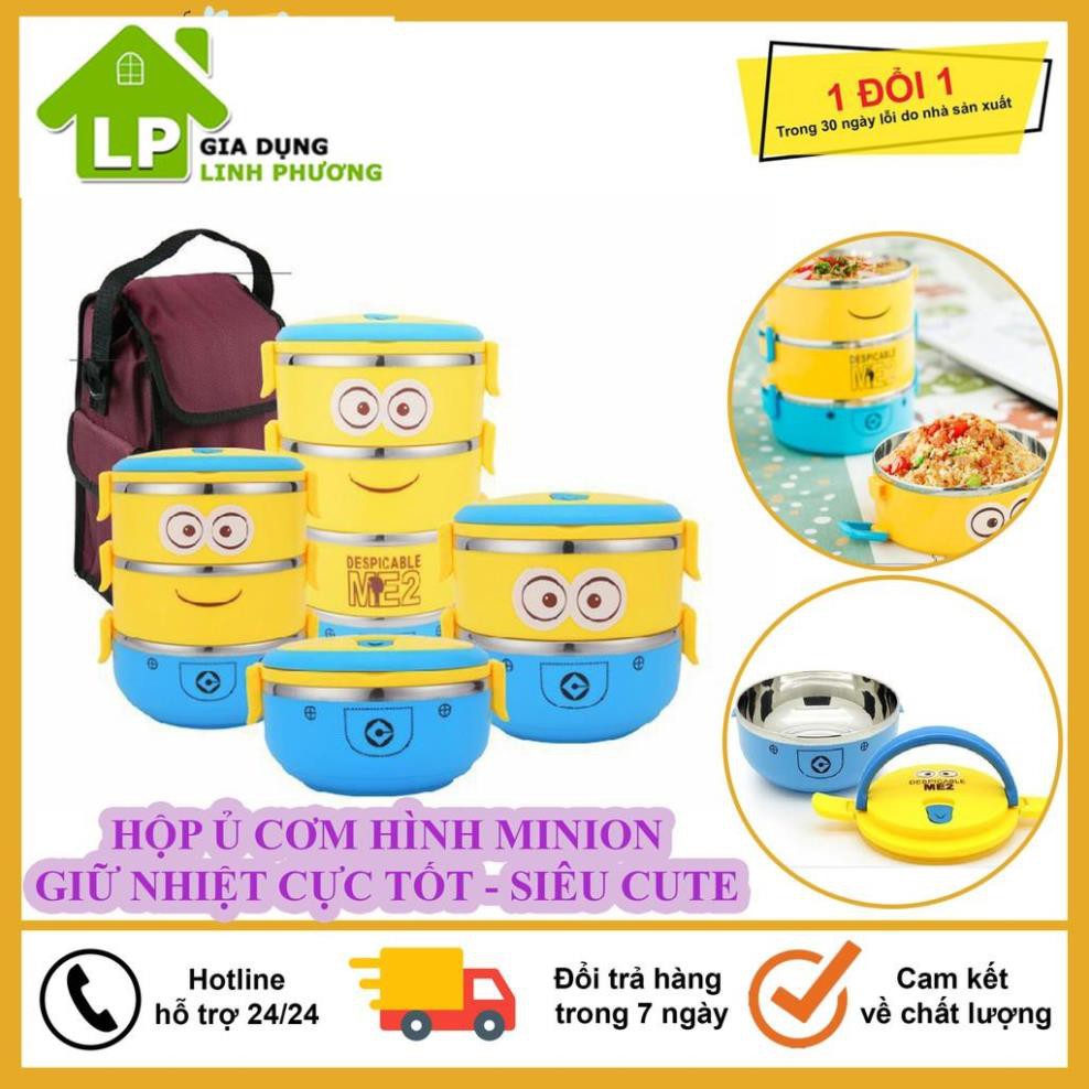 Hộp Cơm, Cặp Lồng Giữ Nhiệt Inox 4 Tầng Có Quai Sách Hình Minion Siêu Cute Đáng Yêu, Hộp Cơm Giữ Cực Tốt