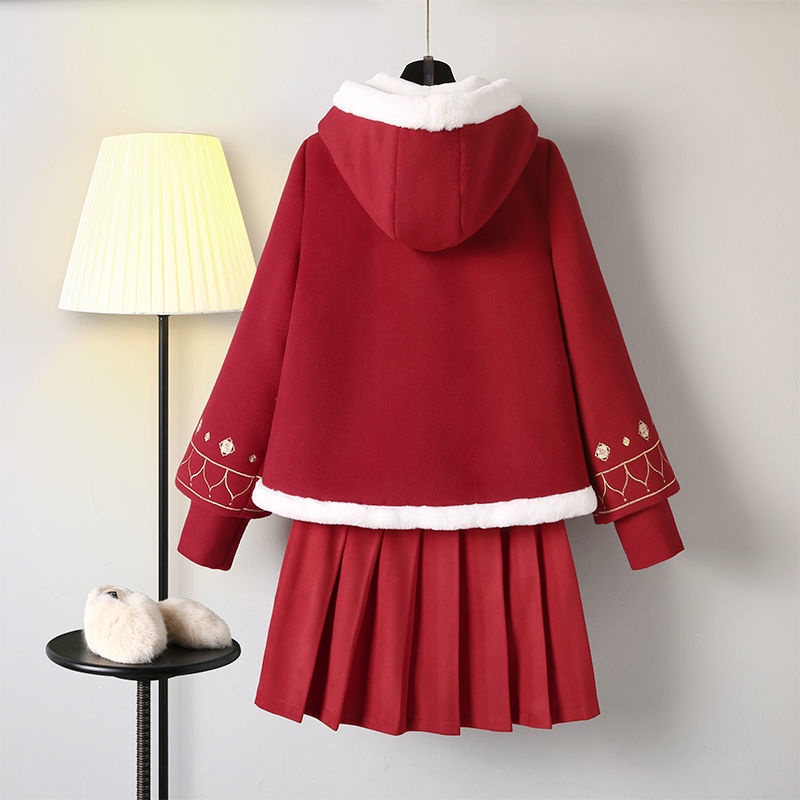 Bộ áo tay dài có nón và chân váy cách tách 2 màu phong cách Trung Hoa cổ điển dành cho bé gái