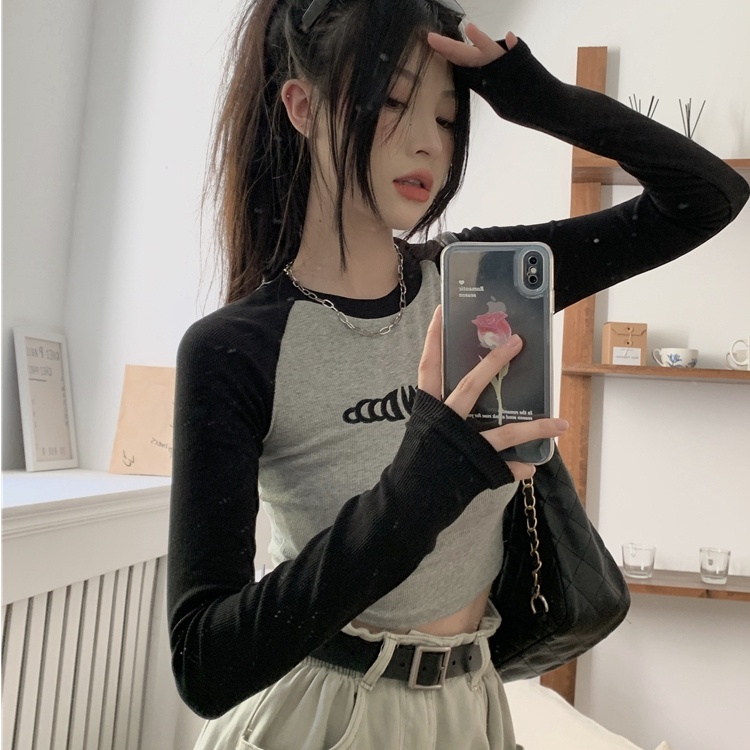 SUXI Áo Thun Tay Dài Cổ Tròn In Chữ Màu Khối Ôm Dáng Phong Cách Vintage Dễ Phối Đồ