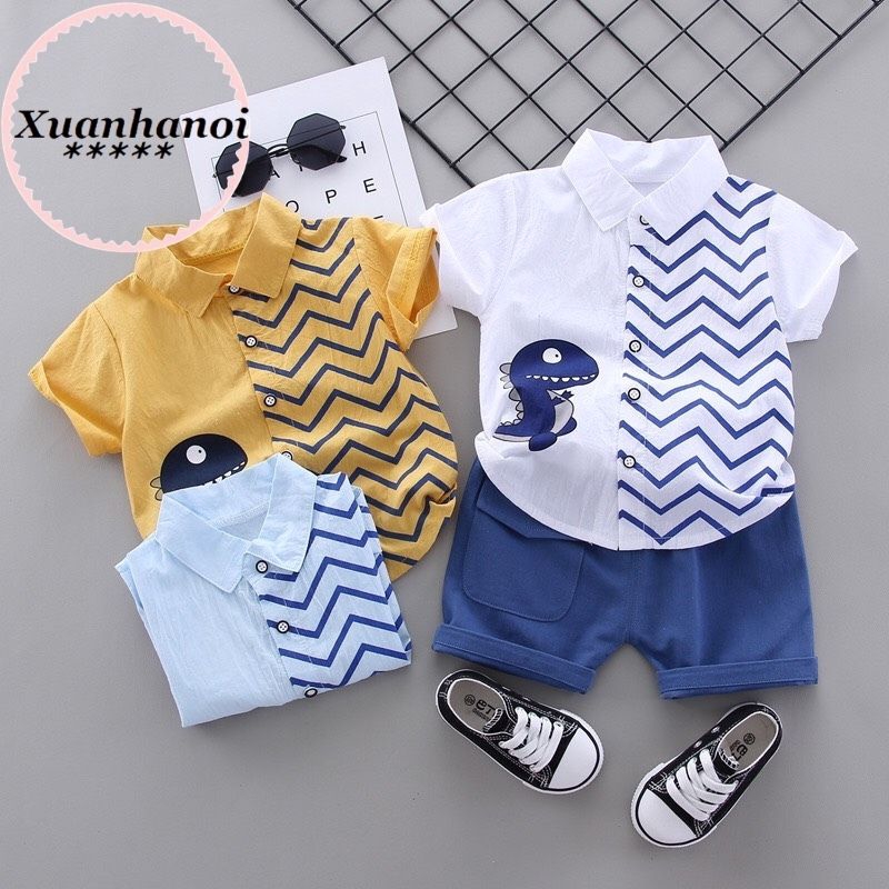 Bộ bé trai quần Short bò và áo sơ mi khủng long XHN524