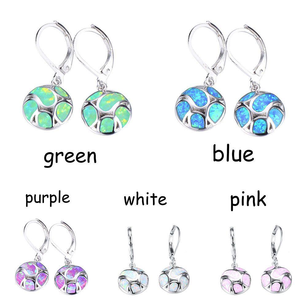 HS Khuyên Tai Tròn Đính Đá Opal Xanh Lam / Trắng Dễ Thương Cho Nữ