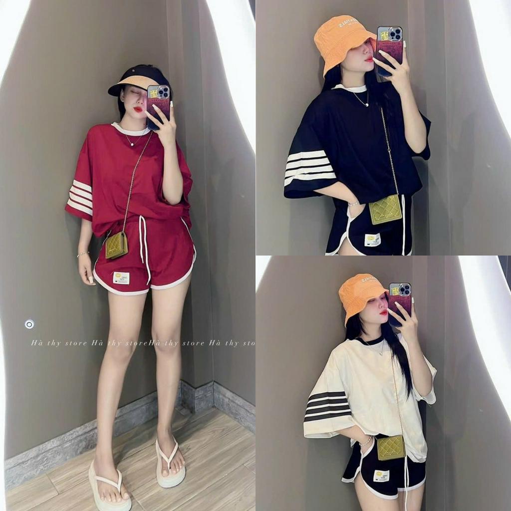 Sét bộ đồ nữ áo cổ tròn họa tiết tay kẻ ngang xinh xắn mix quần đùi duyên dáng cá tính đi chơi