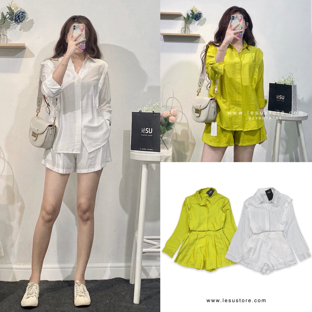 ẢNH TỰ CHỤP Set Sơ mi vai bèo tay dài & Short linen